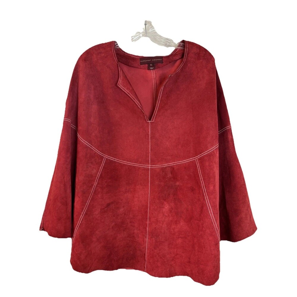 Vintage Red Suede Genuine Leather Shell Margaret Godfrey Western Boho Cape Sz XL